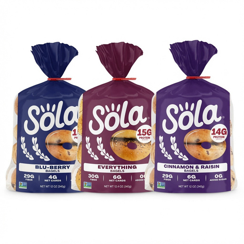 SOLA Low Carb Bagels Bestsellers Pack of 3 - (Blueberry + Everything + Cinnamon Raisin)