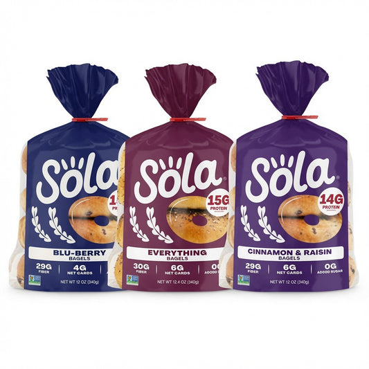 SOLA Low Carb Bagels Bestsellers Pack of 3 – Blueberry, Everything & Cinnamon Raisin