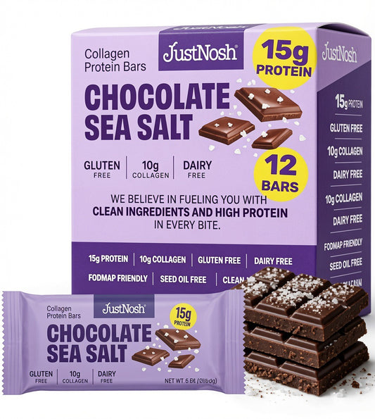 JustNosh Chocolate Sea Salt Collagen Protein Bars packaging shown with a single wrapped bar in front and several unwrapped chocolate protein bars stacked on the right, on a white background.