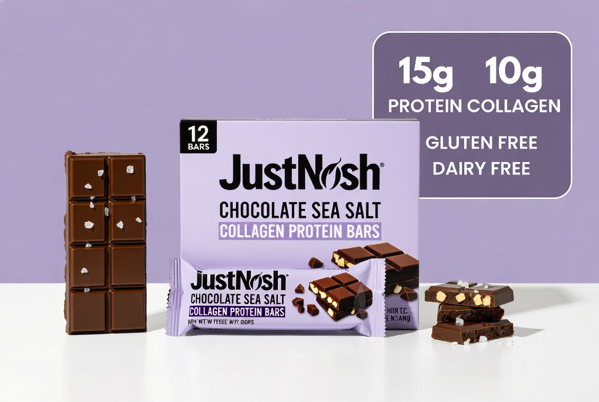 JustNosh Chocolate Sea Salt Collagen Protein Bars - 15g Protein • 10g Collagen • Gluten-Free • Dairy-Free • Low FODMAP • Seed Oil Free - 12-Pack