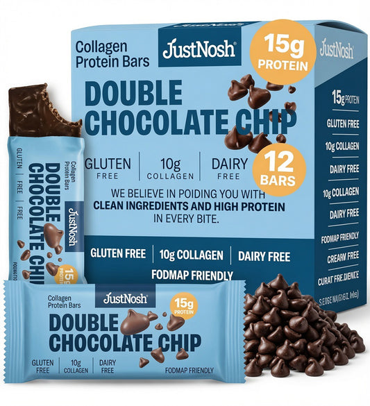 JustNosh Double Chocolate Chip Collagen Protein Bars shown with a blue retail box, a single wrapped bar, a partially eaten bar, and a pile of chocolate chips on a white background.