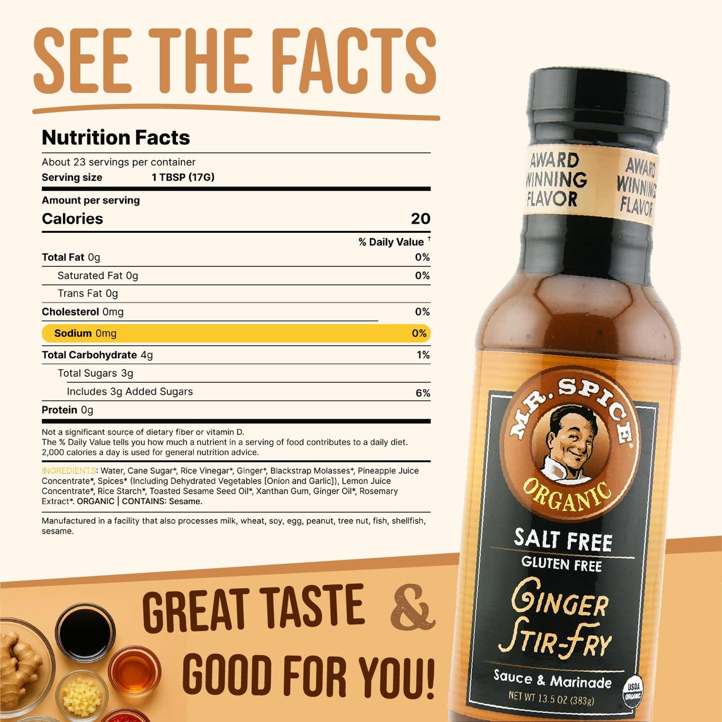 Mr. Spice Organic Ginger Stir-Fry Sauce & Marinade – Salt-Free, Gluten-Free – 6-Pack (13.5 oz each)