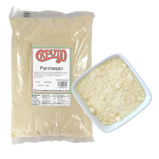 A package of Caputo Parmesan cheese powder next to a small white square bowl filled with the grated cheese powder, on a white background.
