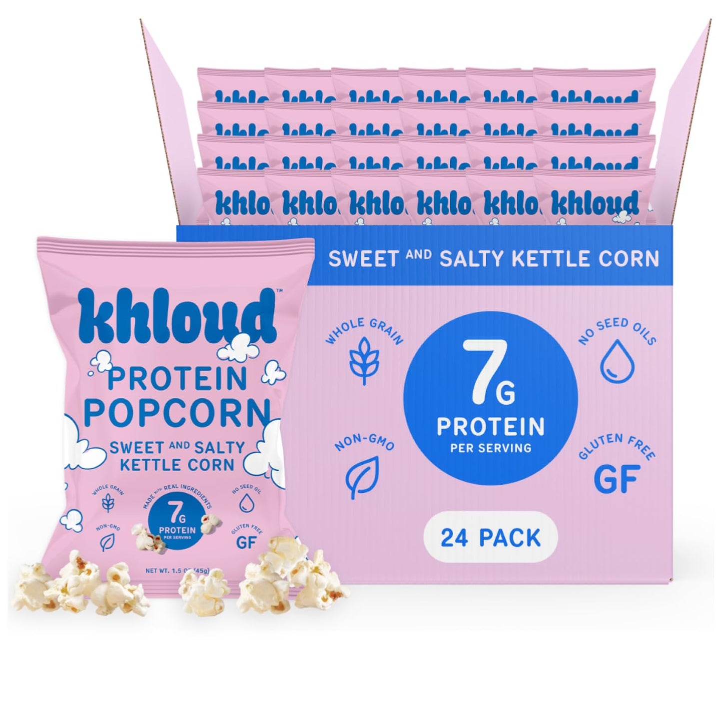 Khloud Protein Popcorn – Sweet & Salty Kettle Corn - 7g Protein | 1 oz bags | 24 ct