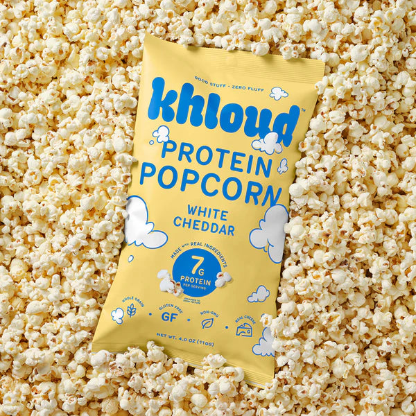 Khloud Protein Popcorn – White Cheddar  7g Protein Snack | 4 oz bags | 12-pack