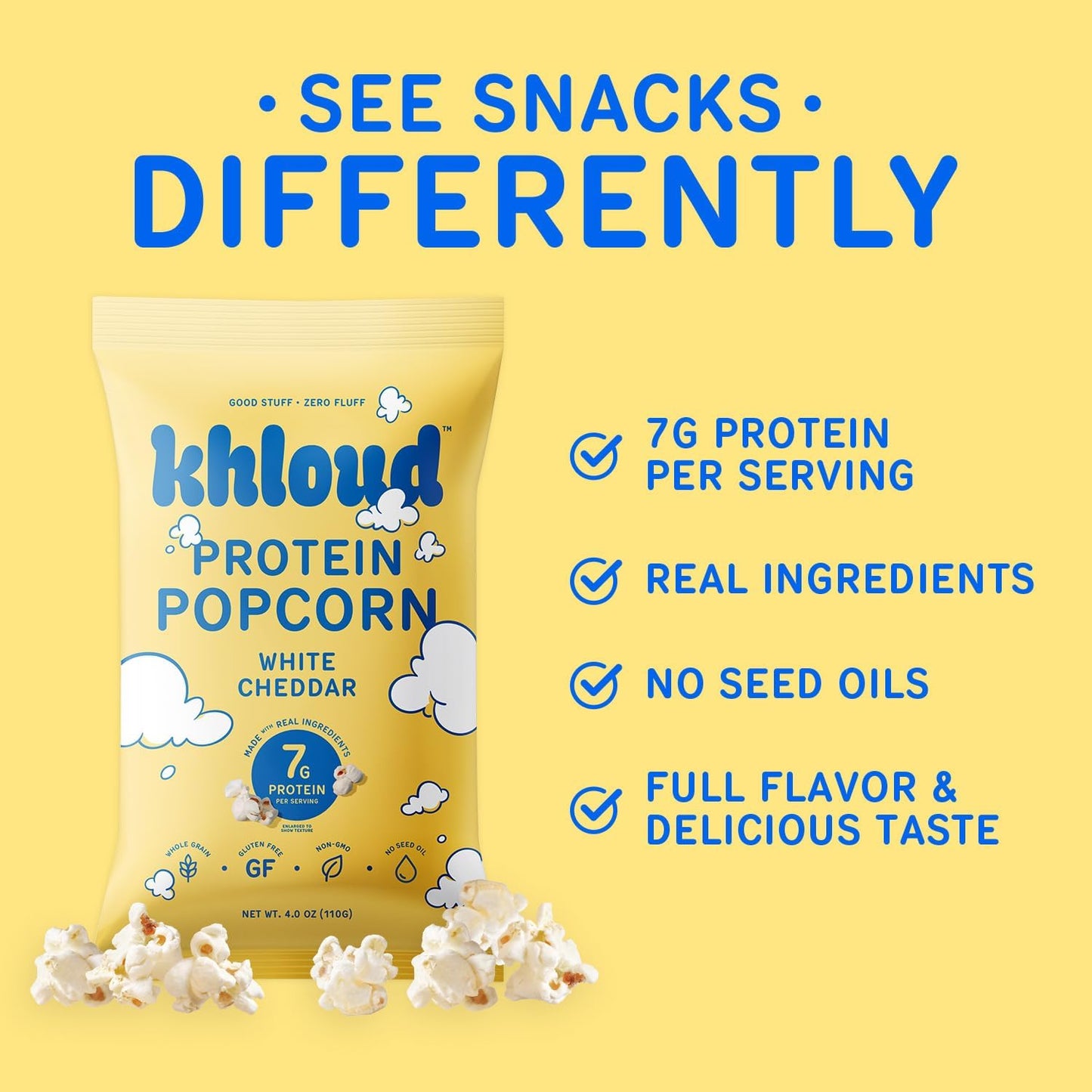 Khloud Protein Popcorn – White Cheddar  7g Protein Snack | 4 oz bags | 12-pack