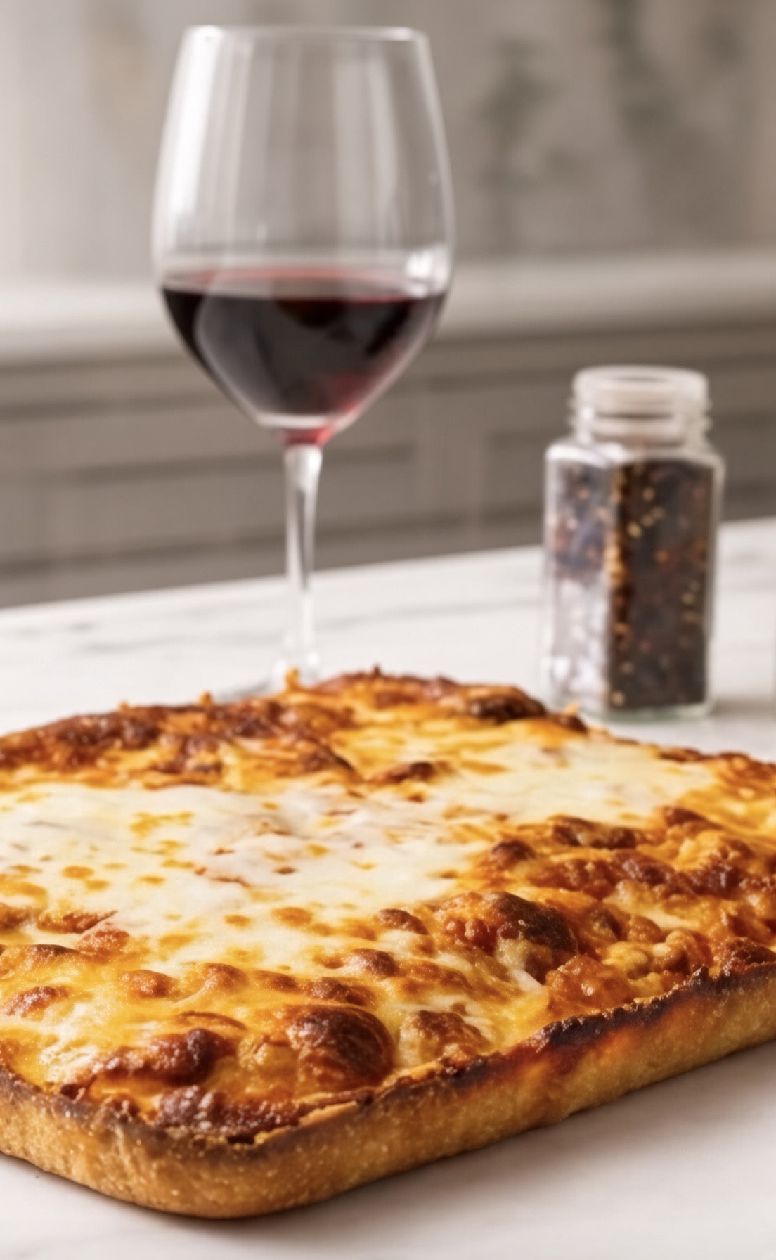 A square slice of cheesy pizza with a golden crust in the foreground, with a glass of red wine and a pepperoni shaker in a blurred kitchen background.