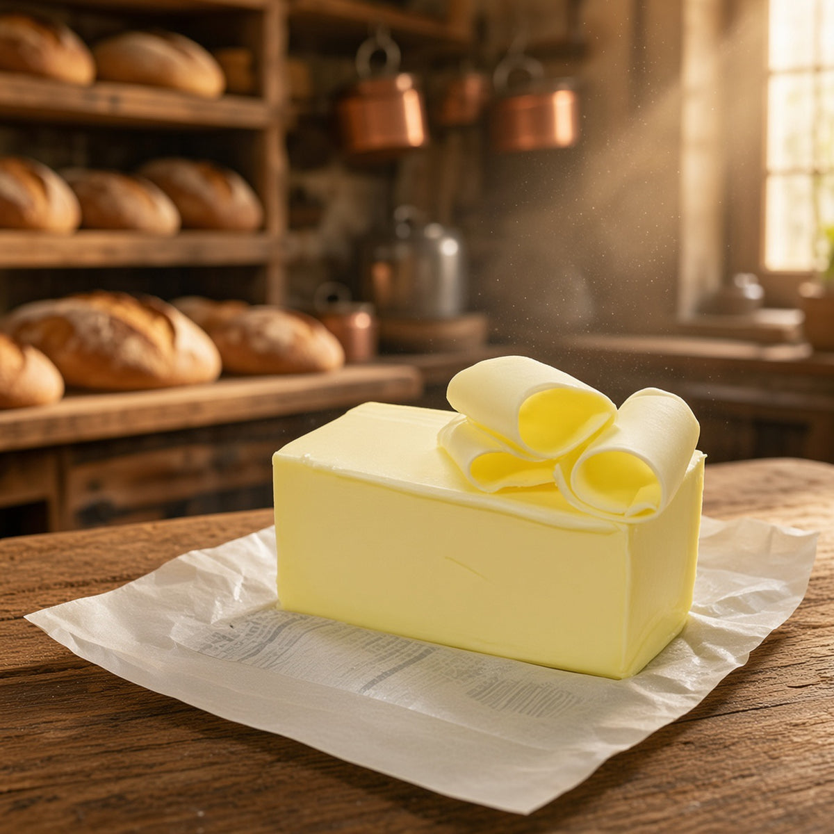 A large block of pale yellow butter on parchment paper on a rustic wooden table, with a warm bakery background showing bread on shelves and copper pots.