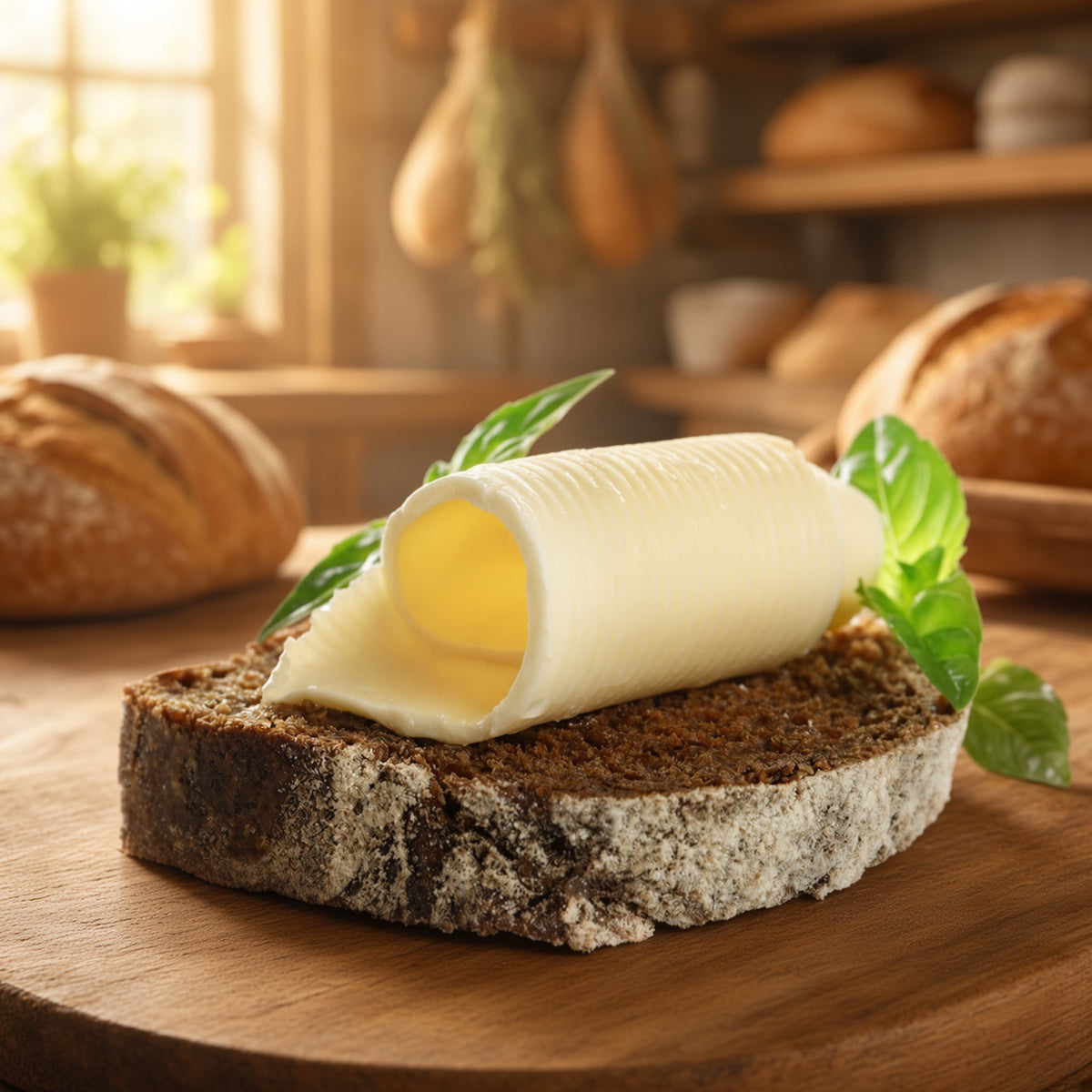 A rolled slice of pale yellow butter resting on a thick slice of dark rye bread, garnished with fresh green basil leaves, set on a wooden board with a warm bakery background.