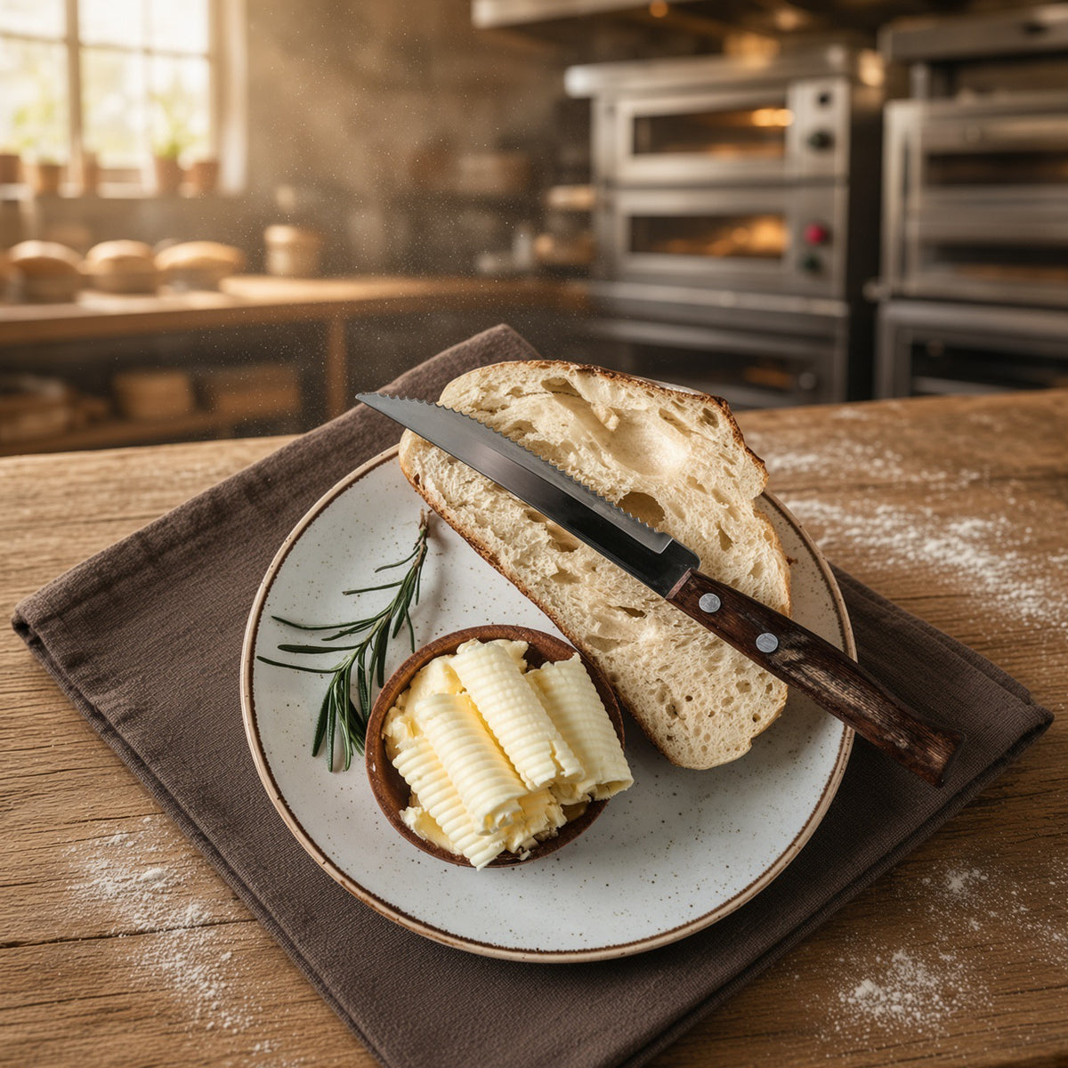 A rustic kitchen scene showing a white ceramic plate with a sliced loaf of bread topped with butter and a knife, alongside a small dish of butter with a rosemary sprig, set on a brown cloth over a wooden table with blurred bakery ovens in the background.