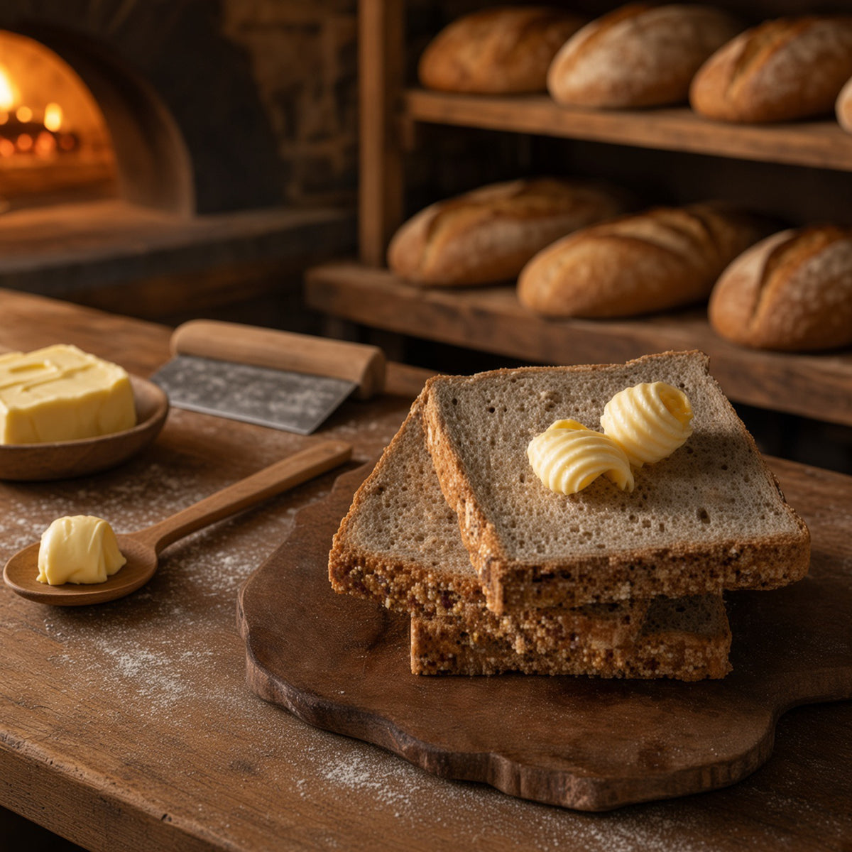 Two slices of rustic whole wheat bread topped with butter on a wooden board, set on a wooden table with a knife, butter dish, and a bakery background with loaves and an oven.