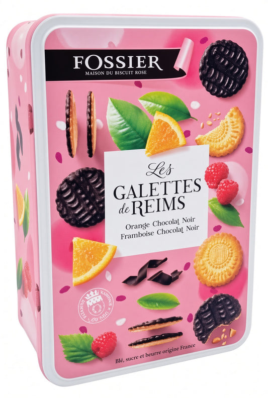 Fossier Les Galettes de Reims orange biscuit tin, featuring a pink decorative tin with illustrations of orange slices, raspberries, chocolate cookies, and whole cookies.