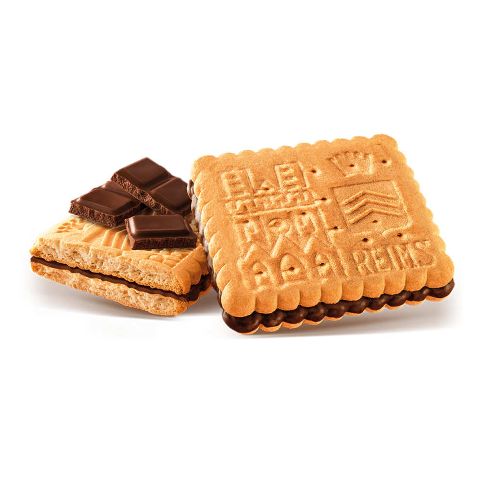 Two square sandwich biscuits with embossed text and a chocolate layer, shown on a clean white background. One biscuit is standing upright and the other is leaning against it with chocolate pieces placed on top.