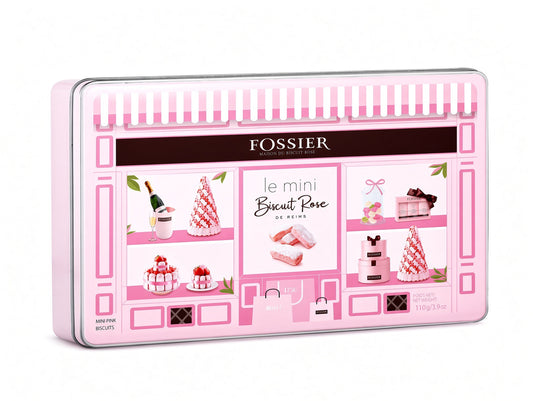 Fossier Le Mini Biscuit Rose 20 cl tin packaging, featuring a pink storefront design with illustrations of cakes, pastries, and a champagne bottle.