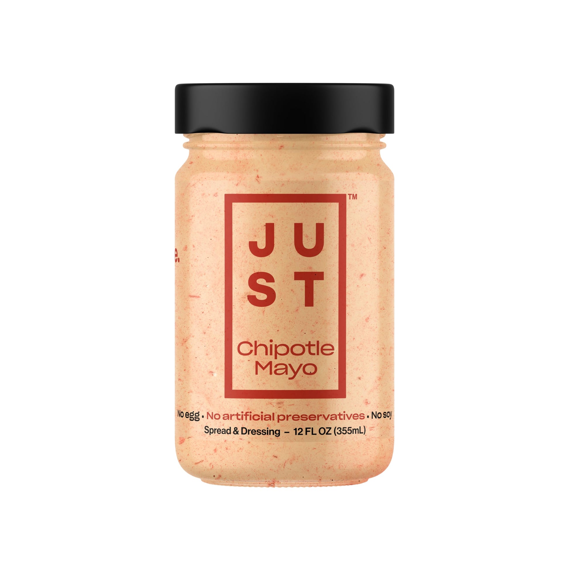 A jar of Just Chipotle Mayo plant-based spread and dressing, 12 fl oz, on a white background.
