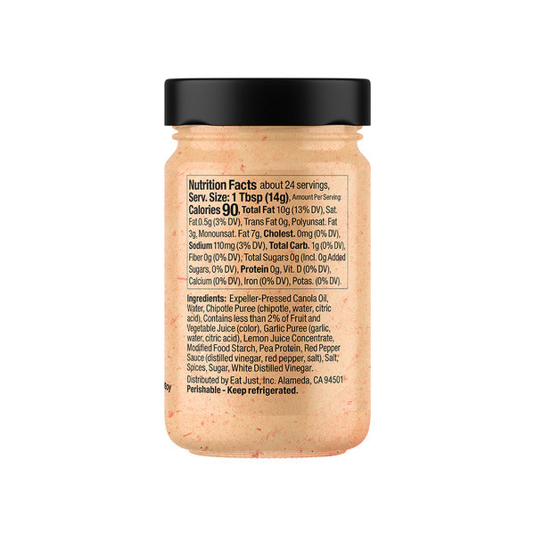 A bottle of Almasde Distribuidor salsa verde on a white background, showing the back of the bottle with the black cap and detailed nutrition facts label.