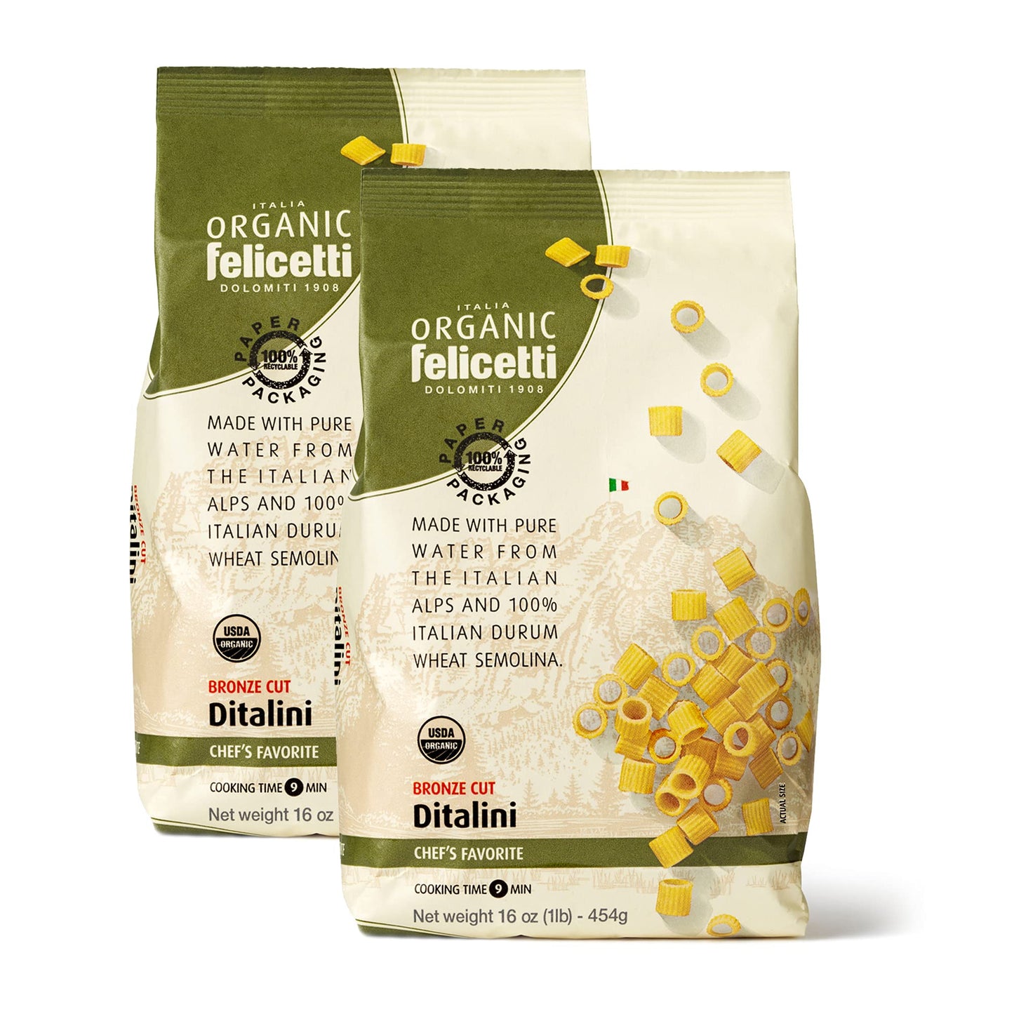 Organic Felicetti Ditalini Pasta Italian Non-GMO 16 oz - Pack of 2