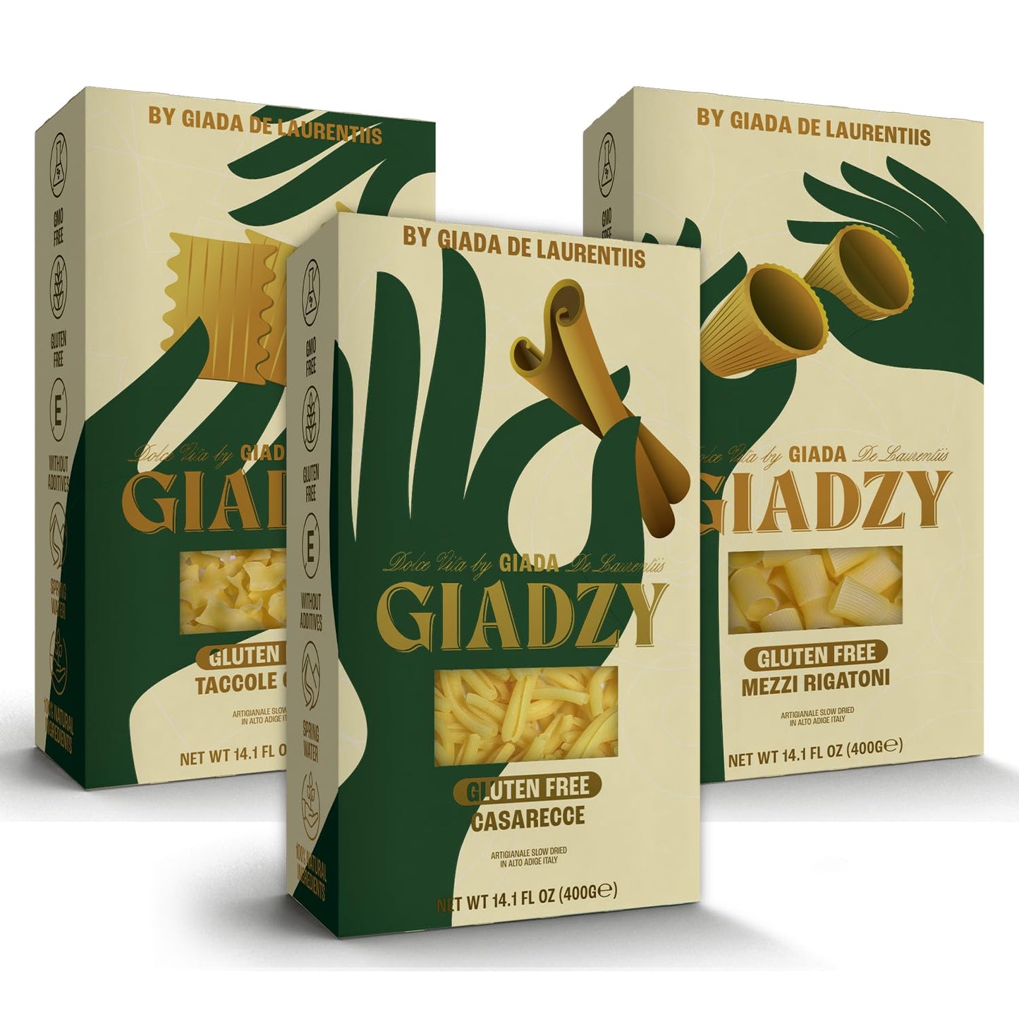 Giadzy by Giada De Laurentiis Gluten Free Variety Pasta - includes Caserecce, Taccole & Mezzi Rigatoni- Made in Italy, Artisanal, Clean Ingredients - Non GMO - Pack of 3