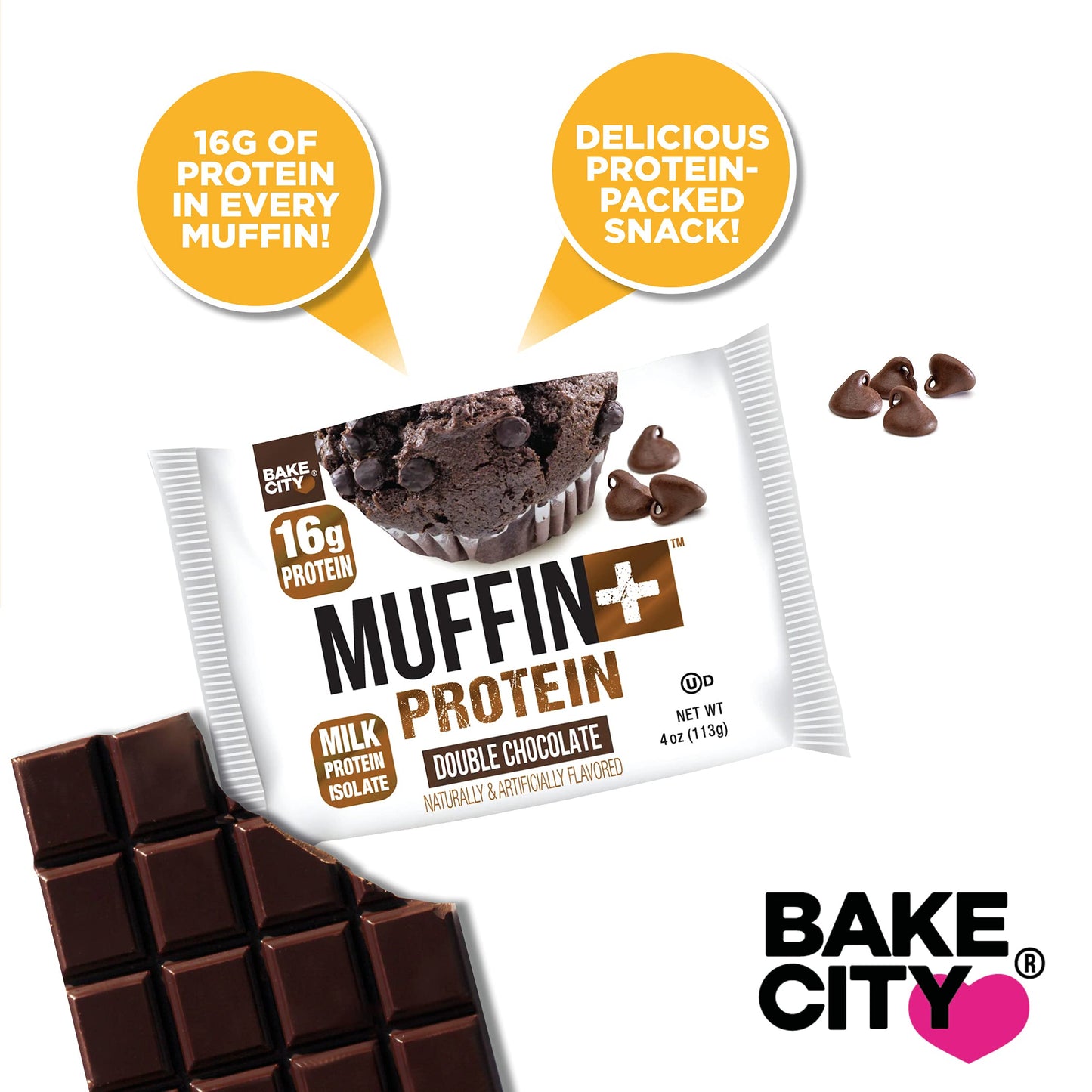 Bake City Double Chocolate Muffin Plus Protein | 16g Protein in Each Protein Muffin | 4 oz - Pack of 12