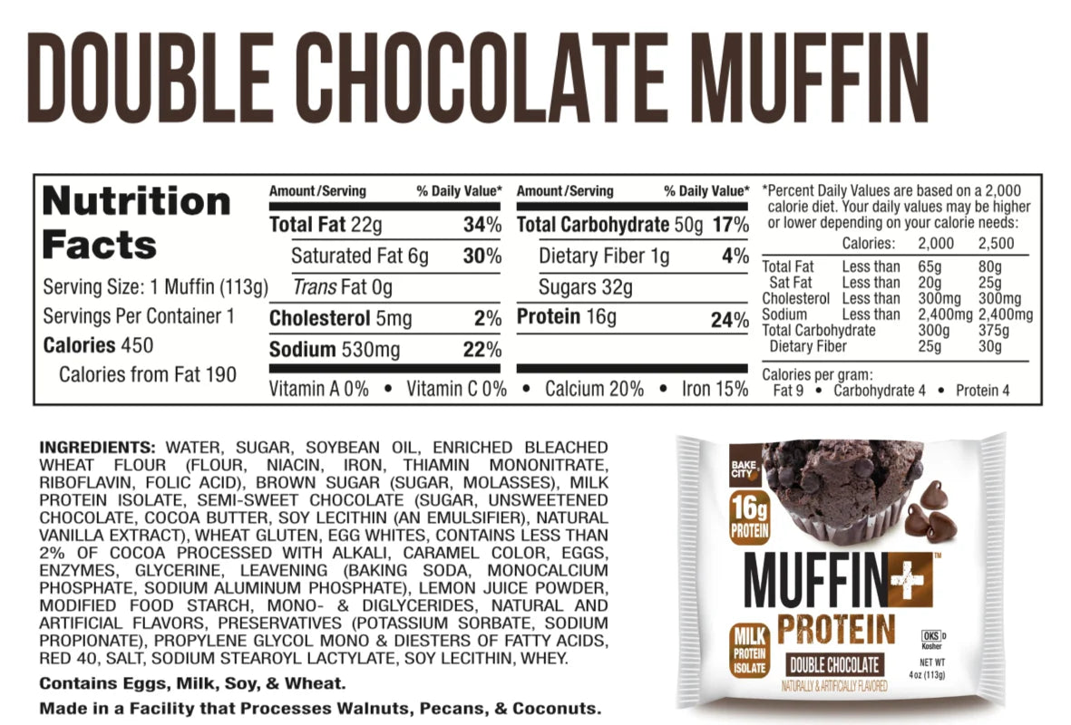 Bake City Double Chocolate Muffin Plus Protein | 16g Protein in Each Protein Muffin | 4 oz - Pack of 12
