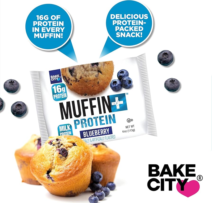 Bake City Blueberry Muffin Plus Protein | 16g Protein in Each Protein Muffin | 4 oz - Pack of 12