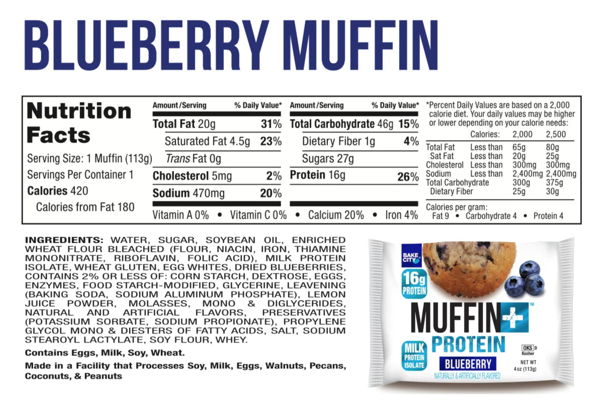 Bake City Blueberry Muffin Plus Protein | 16g Protein in Each Protein Muffin | 4 oz - Pack of 12