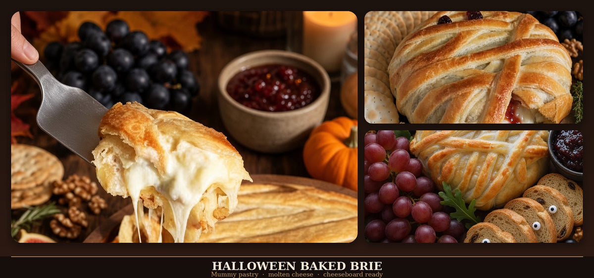 Halloween Baked Brie En Croûte Mummy with Pumpkin or Ghost Bamboo Serving Tray - Cranberry, Orange & Pecans, Serves 6 - 8