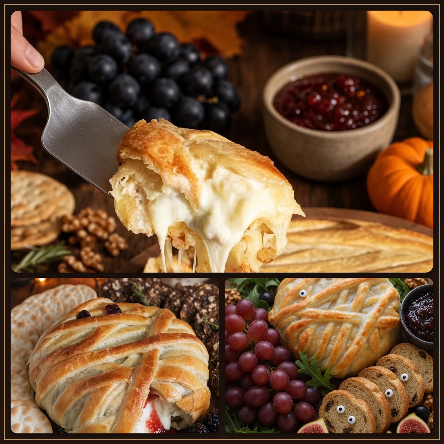Halloween Baked Brie En Croûte Mummy with Pumpkin or Ghost Bamboo Serving Tray - Cranberry, Orange & Pecans, Serves 6 - 8