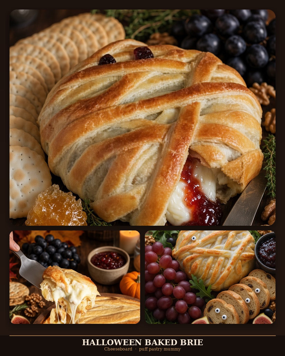 Halloween Baked Brie En Croûte Mummy with Pumpkin or Ghost Bamboo Serving Tray - Cranberry, Orange & Pecans, Serves 6 - 8