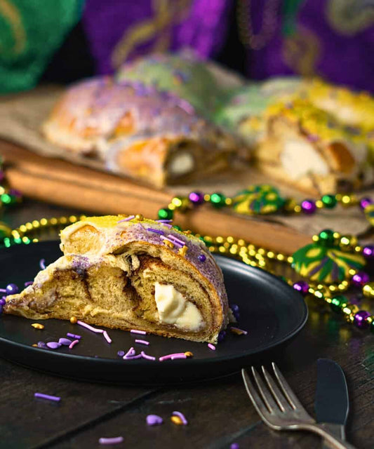 Caluda's Cream Cheese King Cake DIY Kit - Fresh Brioche Cake with Cream Cheese, Praline Filling or Traditional, Icing Packets, Mardi Gras Colored Sugars Baby