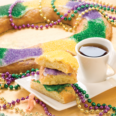 King Cake Kringle Package by O&H Danish Bakery - Comes with 3 strands of Mardi Gras Beads and Baby