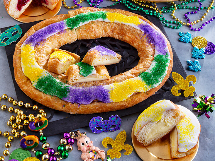 King Cake Kringle Package by O&H Danish Bakery - Comes with 3 strands of Mardi Gras Beads and Baby