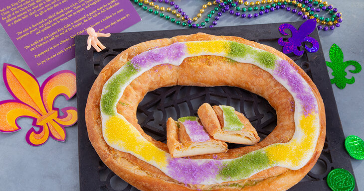 King Cake Kringle Package by O&H Danish Bakery - Comes with 3 strands of Mardi Gras Beads and Baby