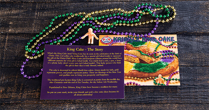 King Cake Kringle Package by O&H Danish Bakery - Comes with 3 strands of Mardi Gras Beads and Baby