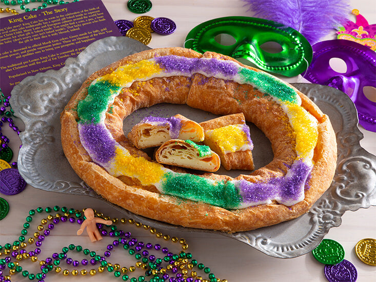 King Cake Kringle Package by O&H Danish Bakery - Comes with 3 strands of Mardi Gras Beads and Baby