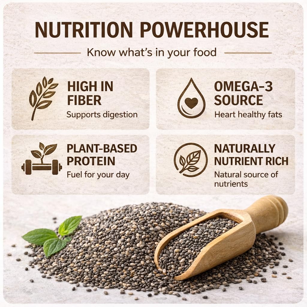 Nutritional benefits of chia seeds with text on a light background
