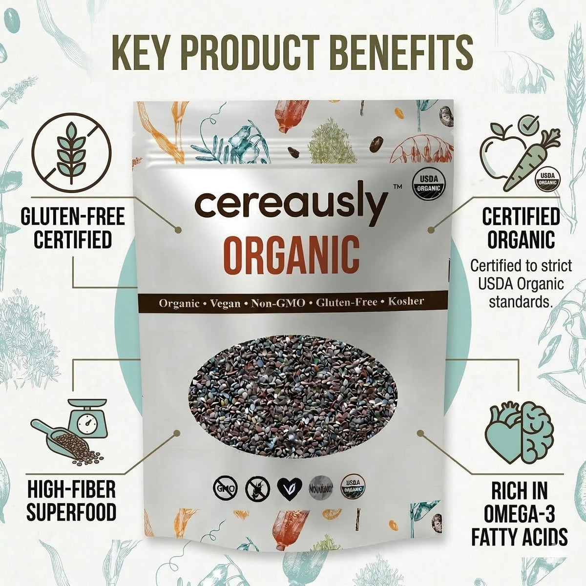 Cereausly organic chia seeks product packaging with key benefits highlighted on a white background.