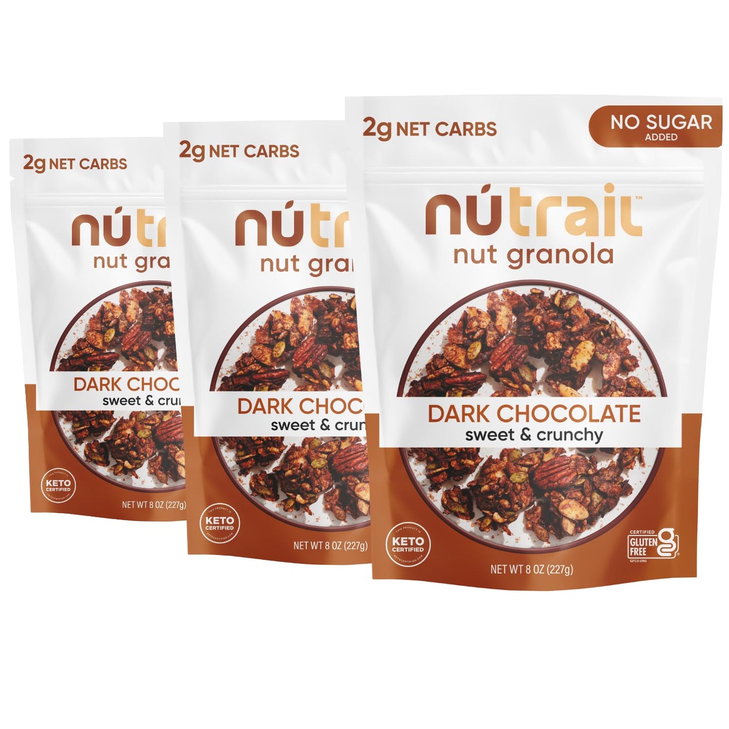 NuTrail Nut Granola Cereal Dark Chocolate - No Sugar Added, Keto, Low Carb, Gluten Free, Grain Free - Pack of 3