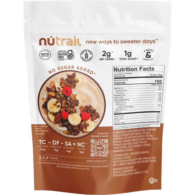NuTrail Nut Granola Cereal Dark Chocolate - No Sugar Added, Keto, Low Carb, Gluten Free, Grain Free - Pack of 3