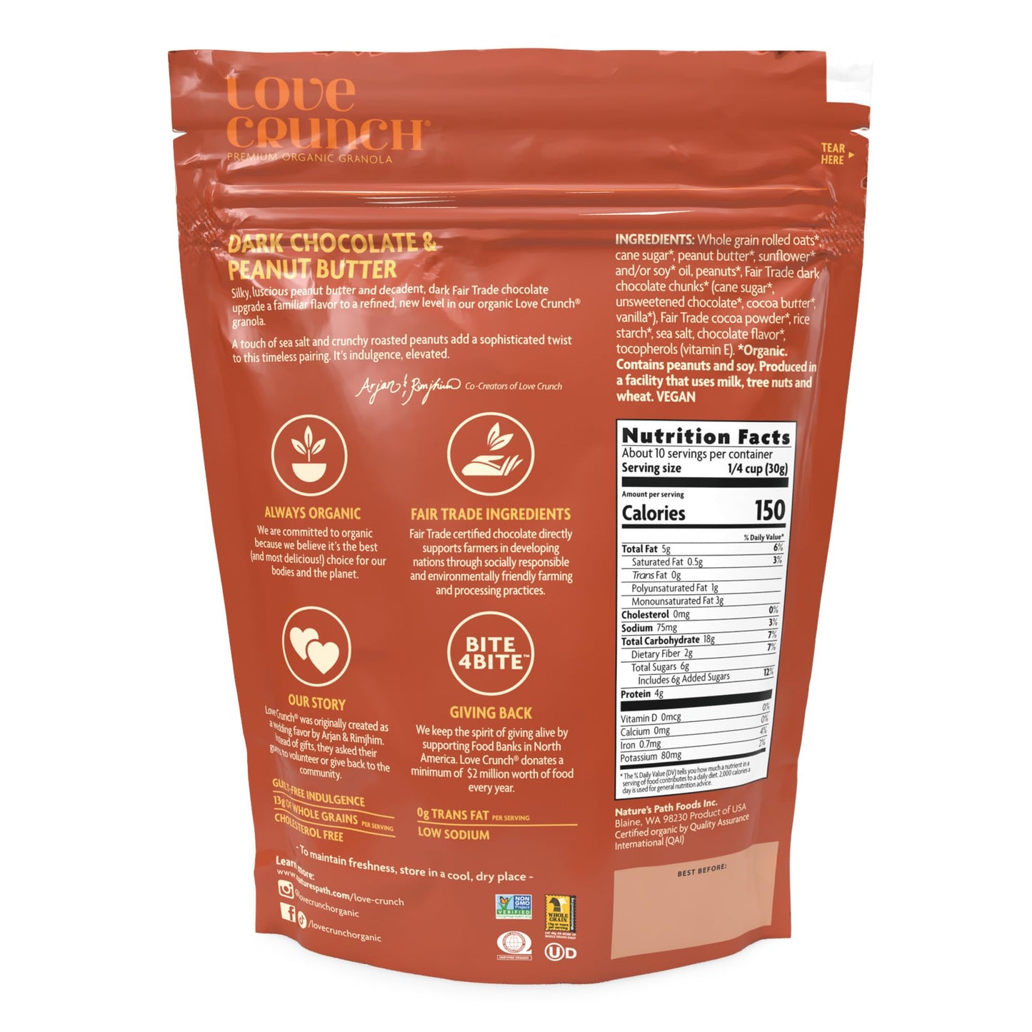 Love Crunch Organic Dark Chocolate & Peanut Butter Granola, Non-GMO, Fair Trade - Pack of 3