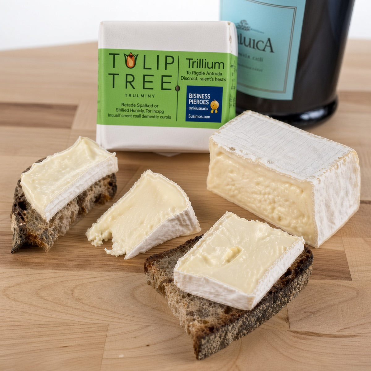 A styled product shot of Tulip Tree Trillium soft goat cheese on rustic bread slices, with the product packaging box and a bottle of Trillium wine in the background on a wooden board.