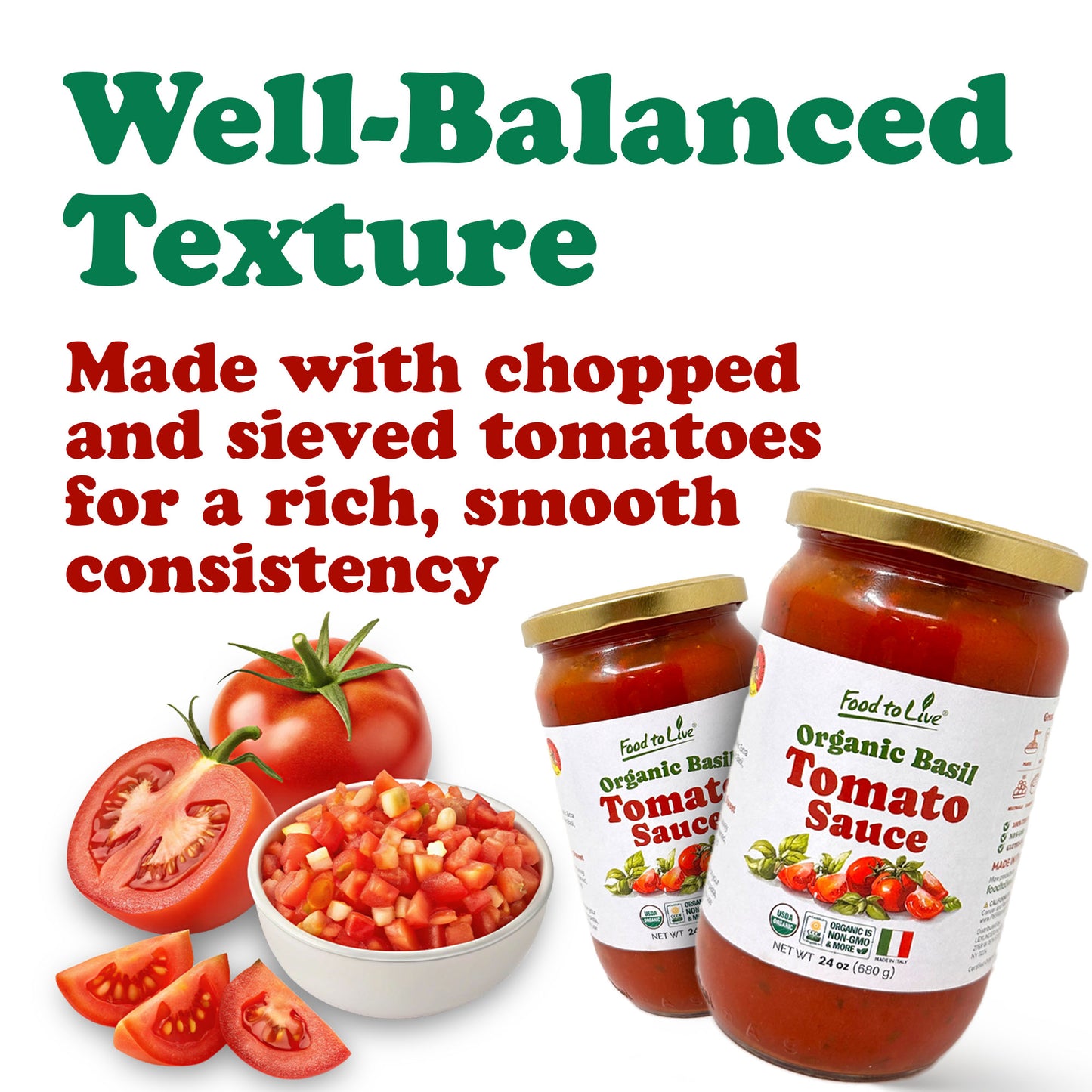 Food To Live Organic Basil Tomato Sauce, 24oz – Authentic Italian Pasta Sauce, No Added Sugar, Non-GMO, Vegan - Pack of 3