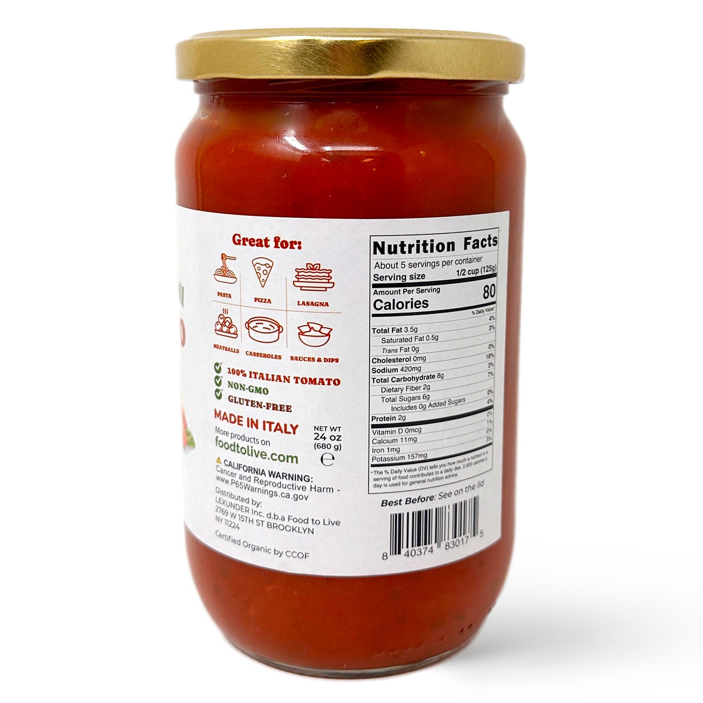 Food To Live Organic Basil Tomato Sauce, 24oz – Authentic Italian Pasta Sauce, No Added Sugar, Non-GMO, Vegan - Pack of 3