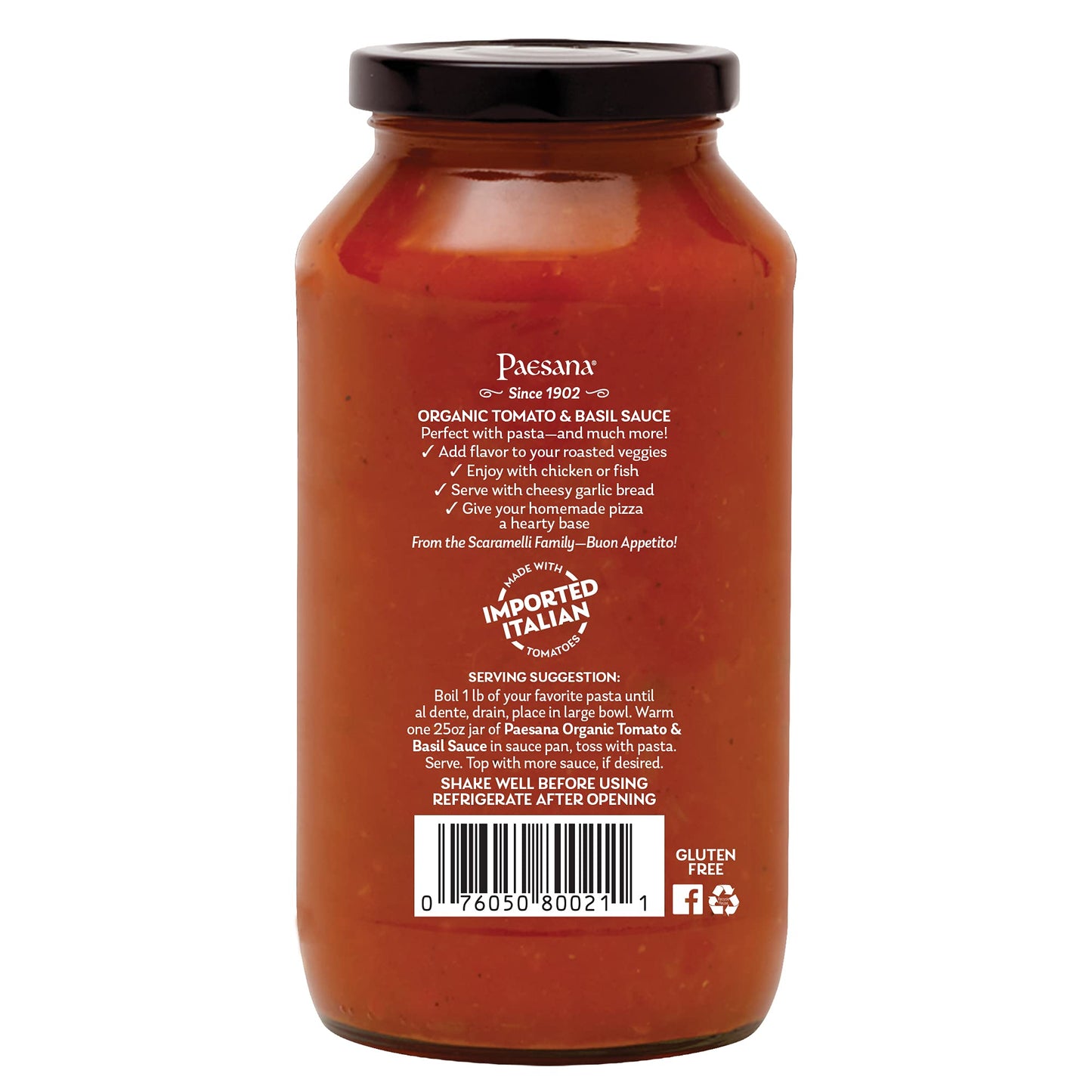 Paesana Organic Tomato Basil Pasta Sauce - Gluten Free, Vegan, Kosher, 25 oz - Pack of 2