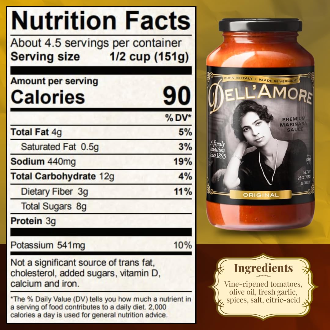 Dell'Amore Premium Marinara Sauce, Homemade Low Sodium, Tomato Basil Pasta Sauce - No Added Sugar - Pack of 6