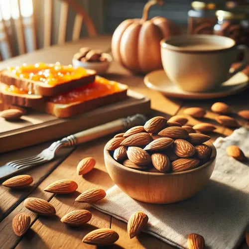 A wooden bowl filled with almonds sits on a rustic wooden table, surrounded by scattered almonds, sliced toast with orange jam, a small pumpkin, and a cup of coffee in a warm, cozy setting.