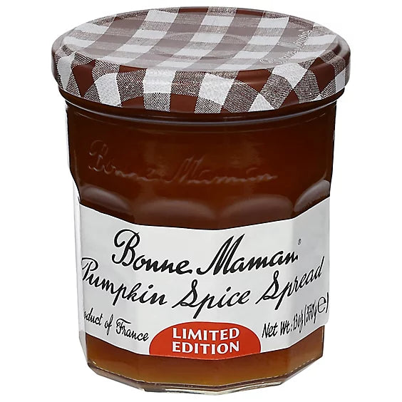 A glass jar of Bonne Maman Pumpkin Spice Spread with a brown and white checkered lid, a white label with black script, and a red 'Limited Edition' badge, on a white background.