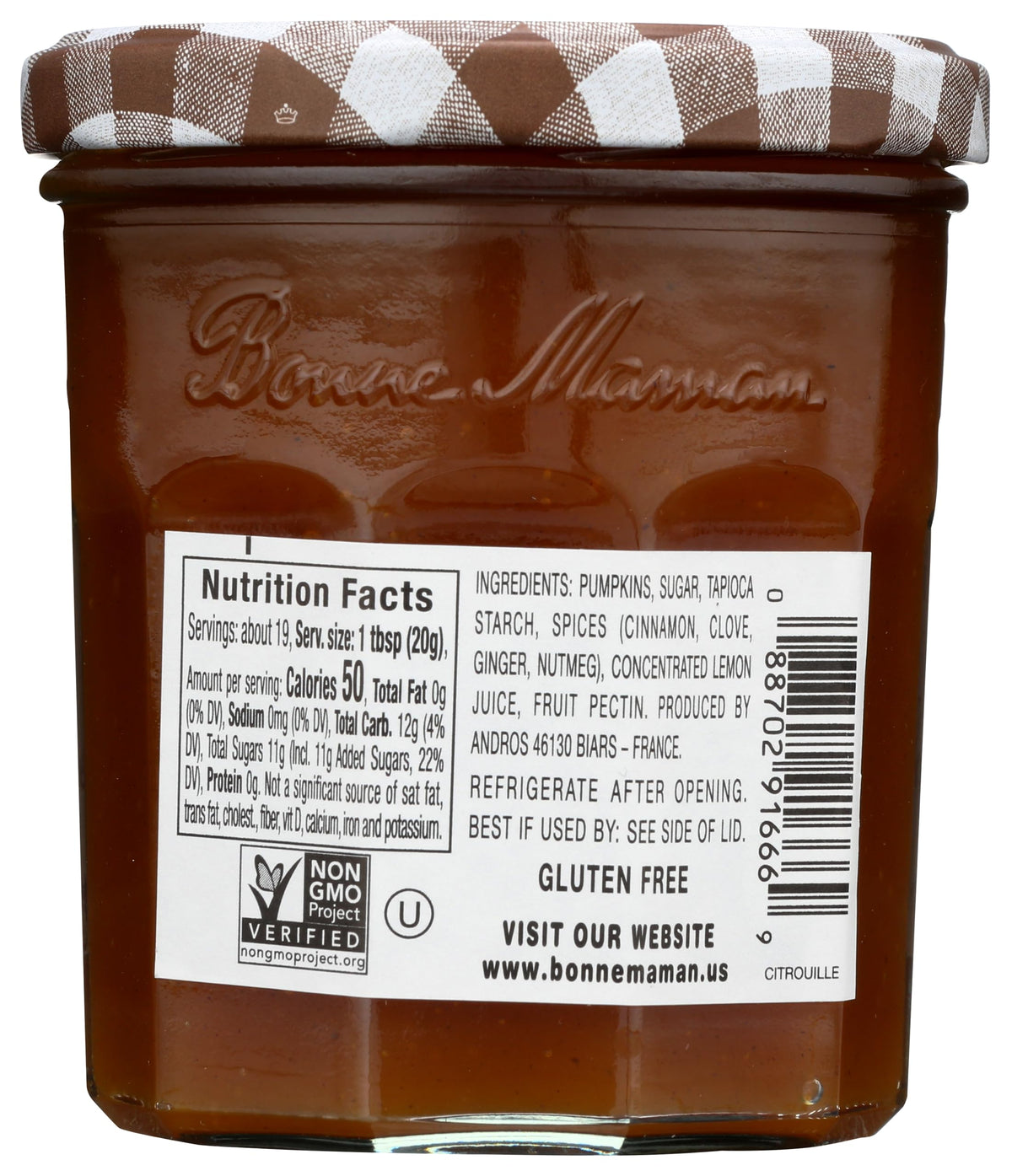Back view of a Bonne Maman pumpkin jam jar, showing the nutrition facts label, barcode, and website on a white background.