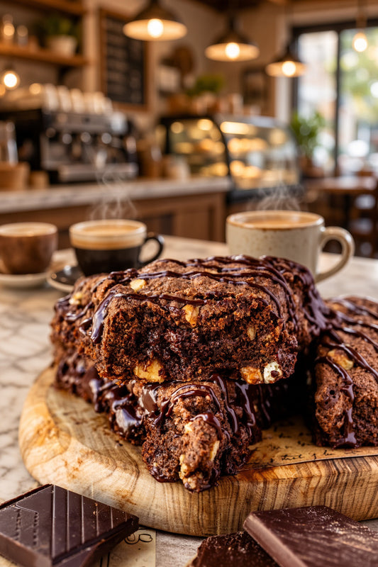 A close-up of rich chocolate scones topped with drizzled chocolate and chopped nuts, served on a wooden board in a cozy cafe setting with coffee cups in the background.