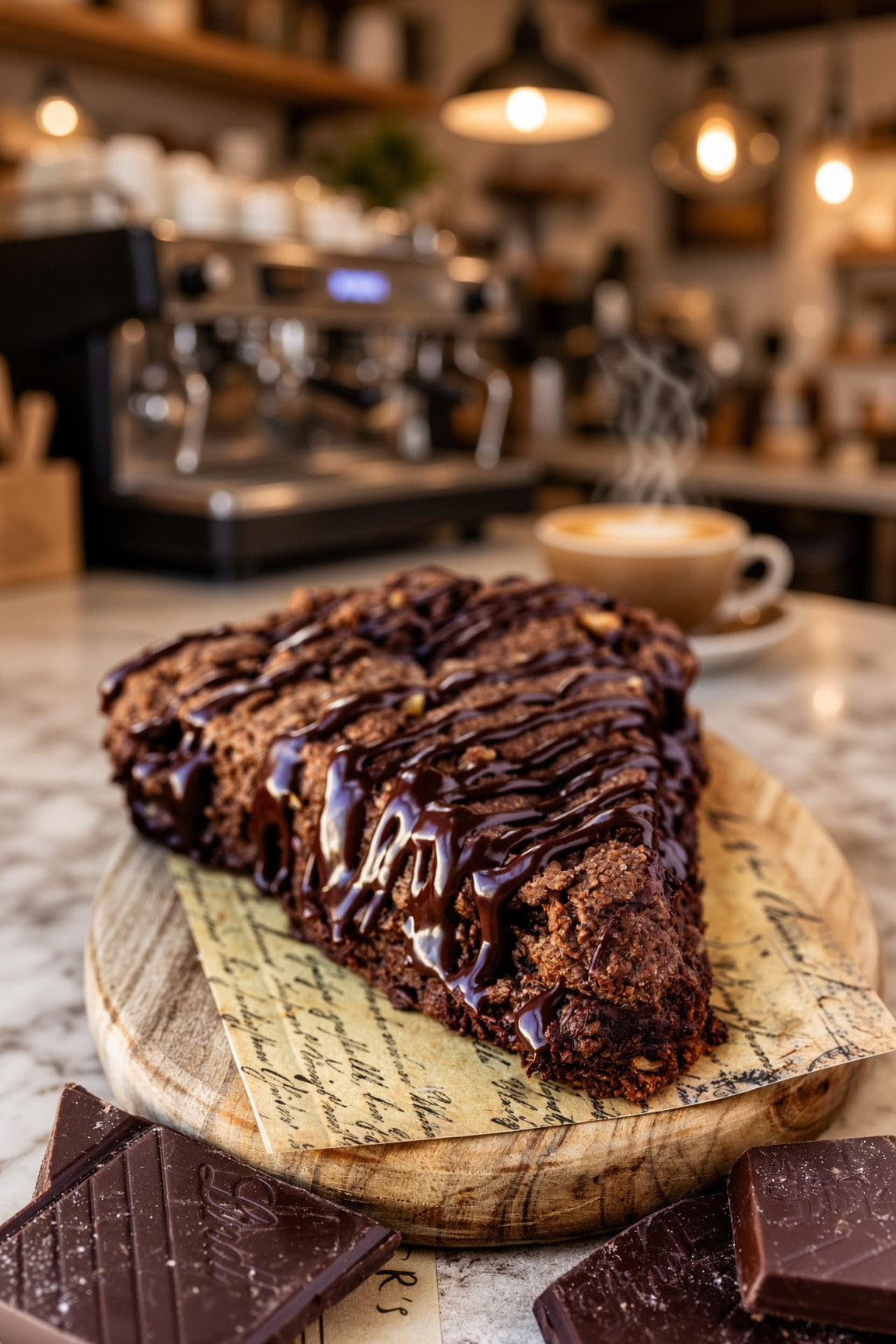 A large chocolate scones topped with dark chocolate drizzle, served on a round wooden board with chocolate pieces in the foreground, set on a marble countertop in a warm, blurred cafe environment.